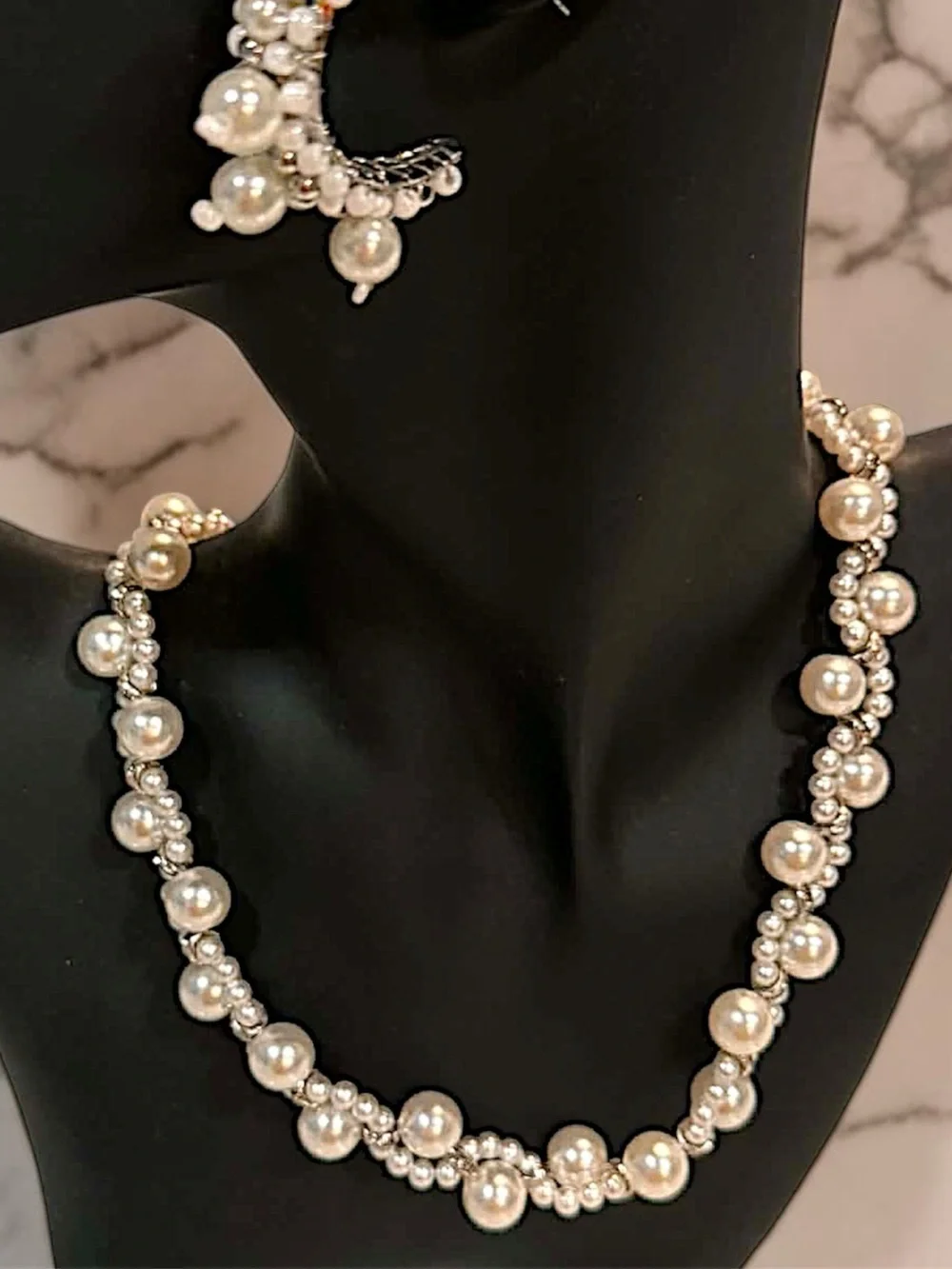 2pc set Pearl Cluster Necklace & Earrings - Ivory faux Pearls hand crafted